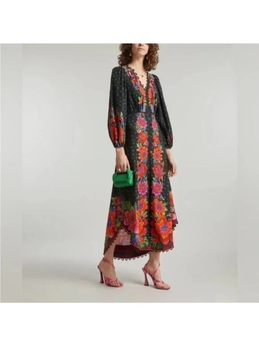 FARM RIO Med Floral Bird Balloon Puff Sleeve Blooming Garden Maxi Dress Vacation